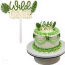 Wild One Acrylic Cake Topper, Double Layer Design with Tropical Leaves, White and Green with Gold Letters, 6.2 x 5.5 Inch
