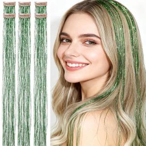 Green Hair Tinsel,Clip In,Heat Resistant,24Inch 80 Strands per Piece, Fairy Hair Strands for St. Patrick Party Cosplay Halloween New Year Cute for Women Adults