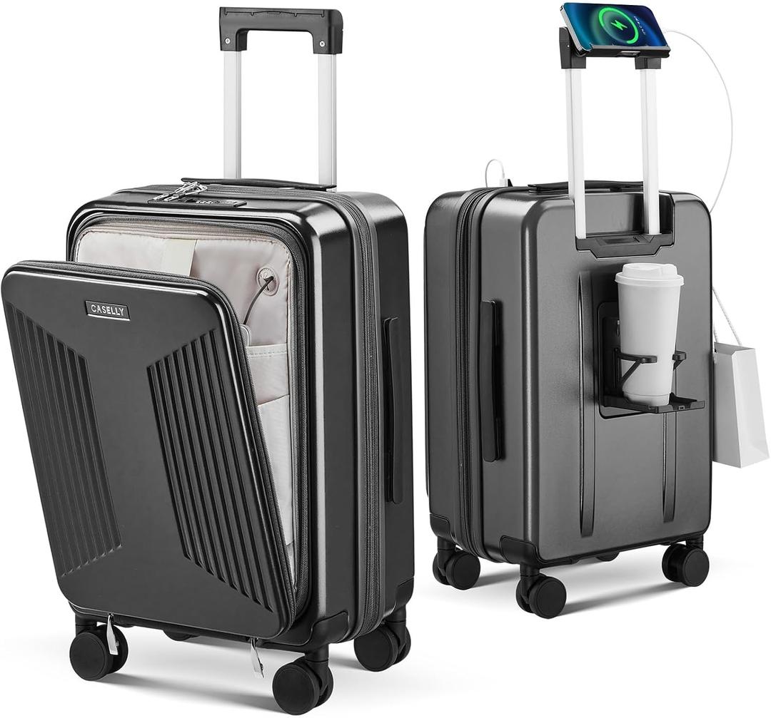 Carry on Luggage Top opening Suitcases, Expandable with Cup Holder and USB Charging Port,Lightweight with Front Pocket Rolling Suitcases with Spinner Wheels, 20 Inch