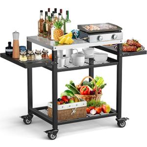 Three-Shelf Grill Cart, Stainless Steel & Black, Outdoor Grill Table with Pizza Oven & BBQ Grill Stand