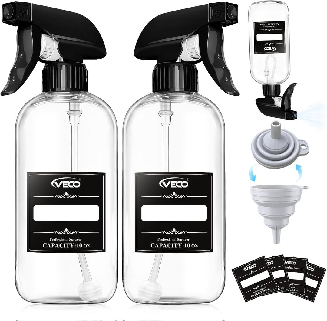 Veco 300mL (10oz) 360 Spray Bottles, 2-Pack Adjustable Nozzle, Leak-Resistant spray bottles for Cleaning, Plants, Hair & Pet Use + Foldable Funnel