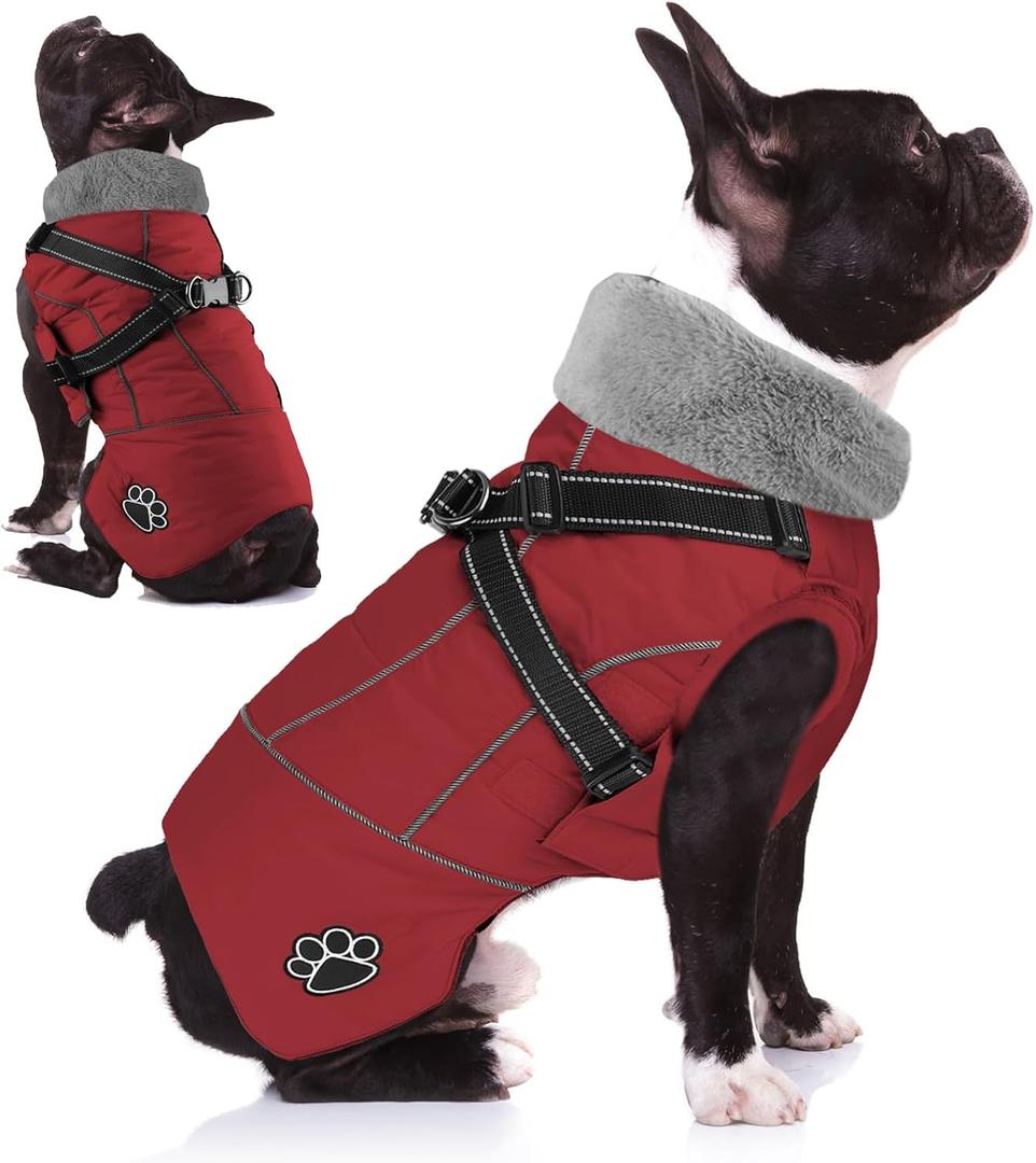 Doglay Dog Jacket Waterproof Dog Coat with Harness Built in, Christmas Puppy Winter Coat Reflective Turtleneck Puffer Snow Jackets for Small Medium Large Dogs (Wine Red)