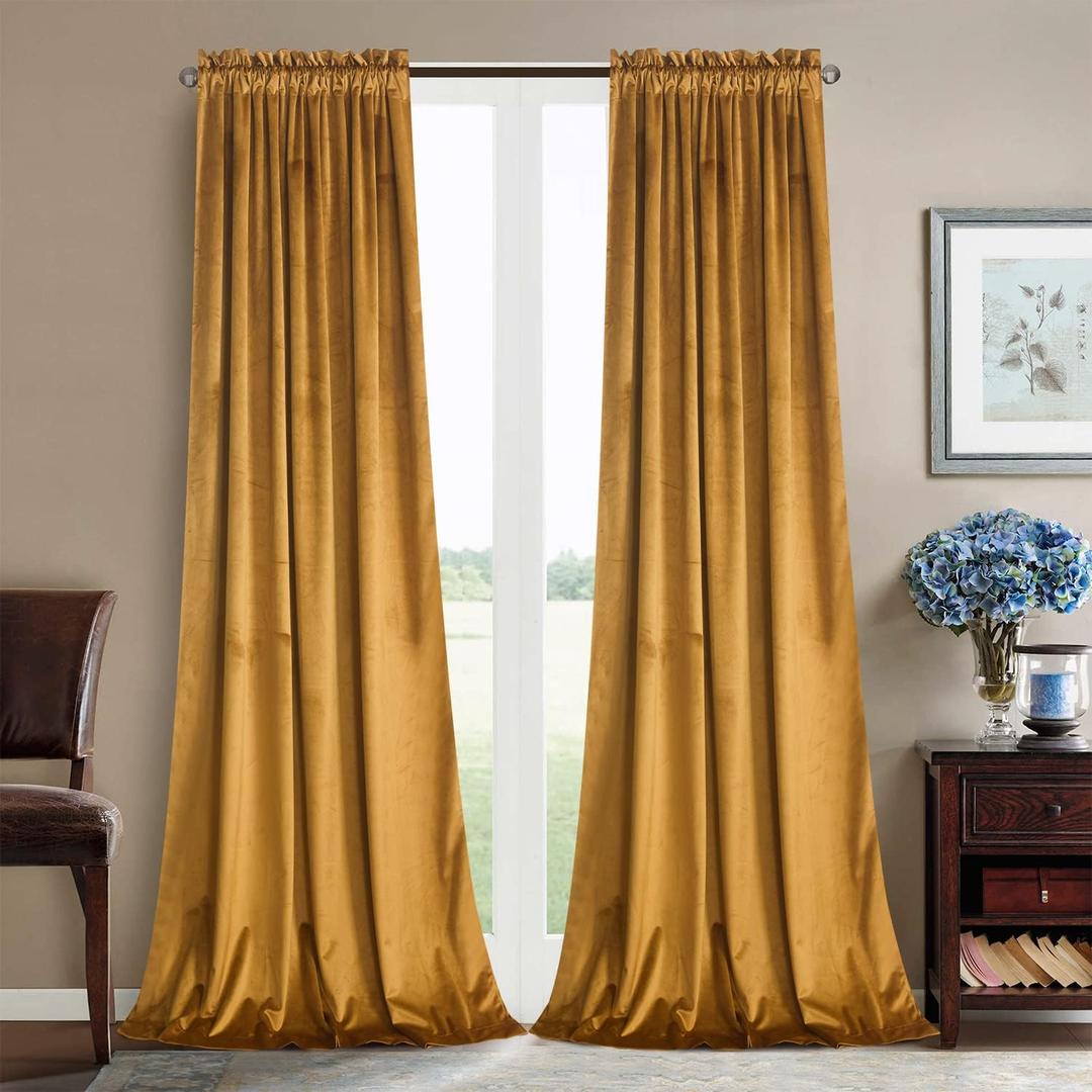 Roslynwood Mustard Gold Velvet Curtains - 63 inches Long Living Room Black Window Treatment Durable Vertical Room Divider Drapes for Kids Room/Home Office,W52 x L63, 2 Panels/Rod Pocket (52"W x 63"L (Pack of 2), Mustard)