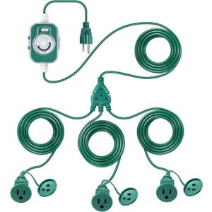 Feekoon 40FT Outdoor Extension Cord with Timer,1 to 3 Way Extension Cord Splitter,16AWG SJTW Heavy Duty 3 Plug Green with Multiple Outlets and Weatherproof Covers for Halloween Christmas