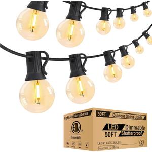 Lightdot 50FT Outdoor String Lights, LED Bistro String Lights with Shatterproof G40 Bulbs, 2700K Dimmable, Waterproof Hanging Lights for Porch, Party, Garden, Backyard, Balcony - ETL Listed