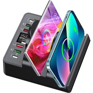 Wireless Charging Station with 6 USB Ports, 8 in 1 15W Dual Wireless Charger Station, 2 QC/2 PD USB Fast Charging Station, 80W Phone Charger for iPhone14/13/12/11/X/Samsung/Android/iWatch