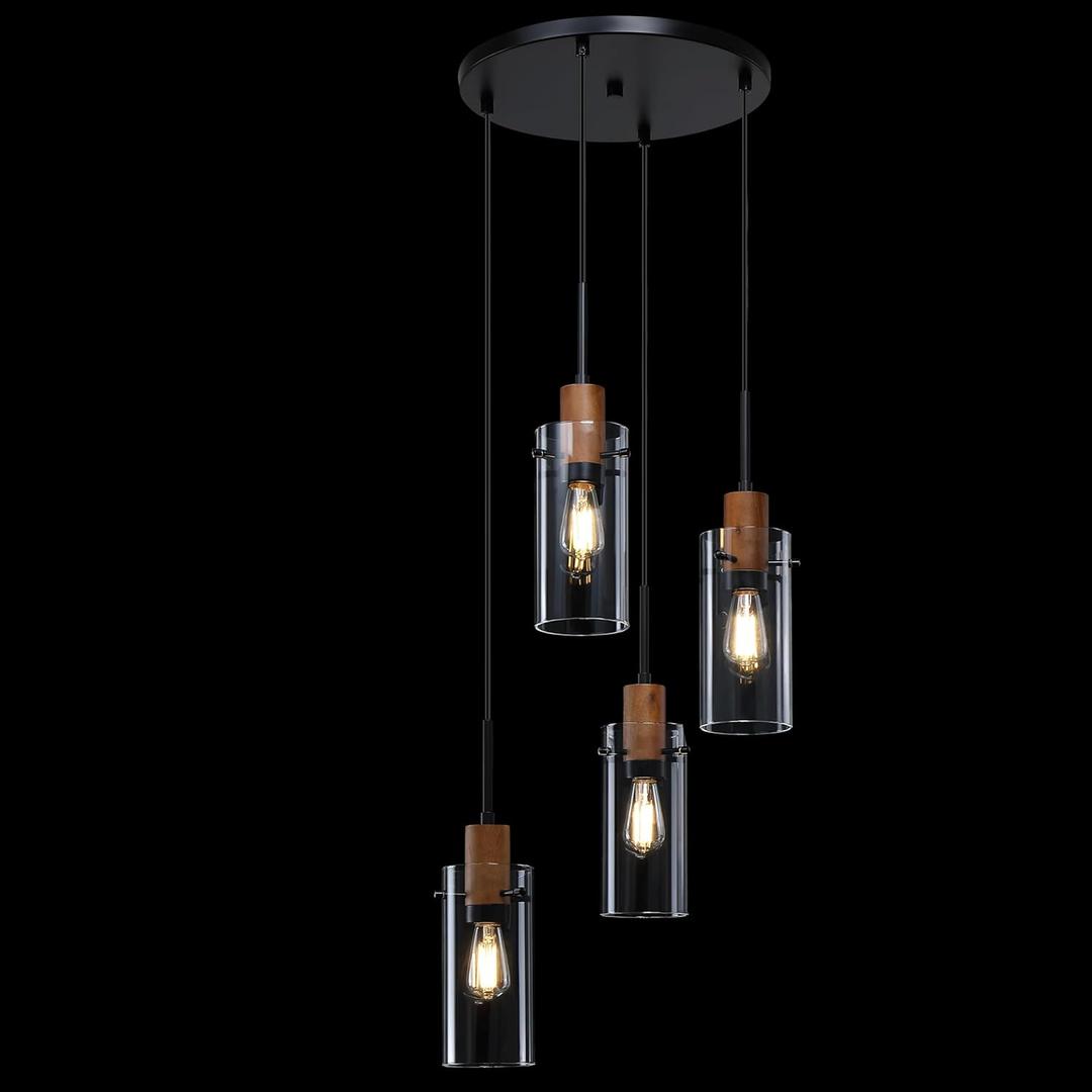 4 Light Ceiling Light Industrial Farmhouse Fixture,Natural Wood Clear Glass Black Finish for Kitchen Island Bedroom Hallway Dining Room Entryway