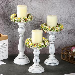 Set of 3 Rustic Wood Candle Holders with Handmade Wreath Rings Farmhouse Table Centerpiece Decor, 6 9 13 Candlestick Stand for Fall, Thanksgiving Gift, Home & Fireplace Mantel Decor