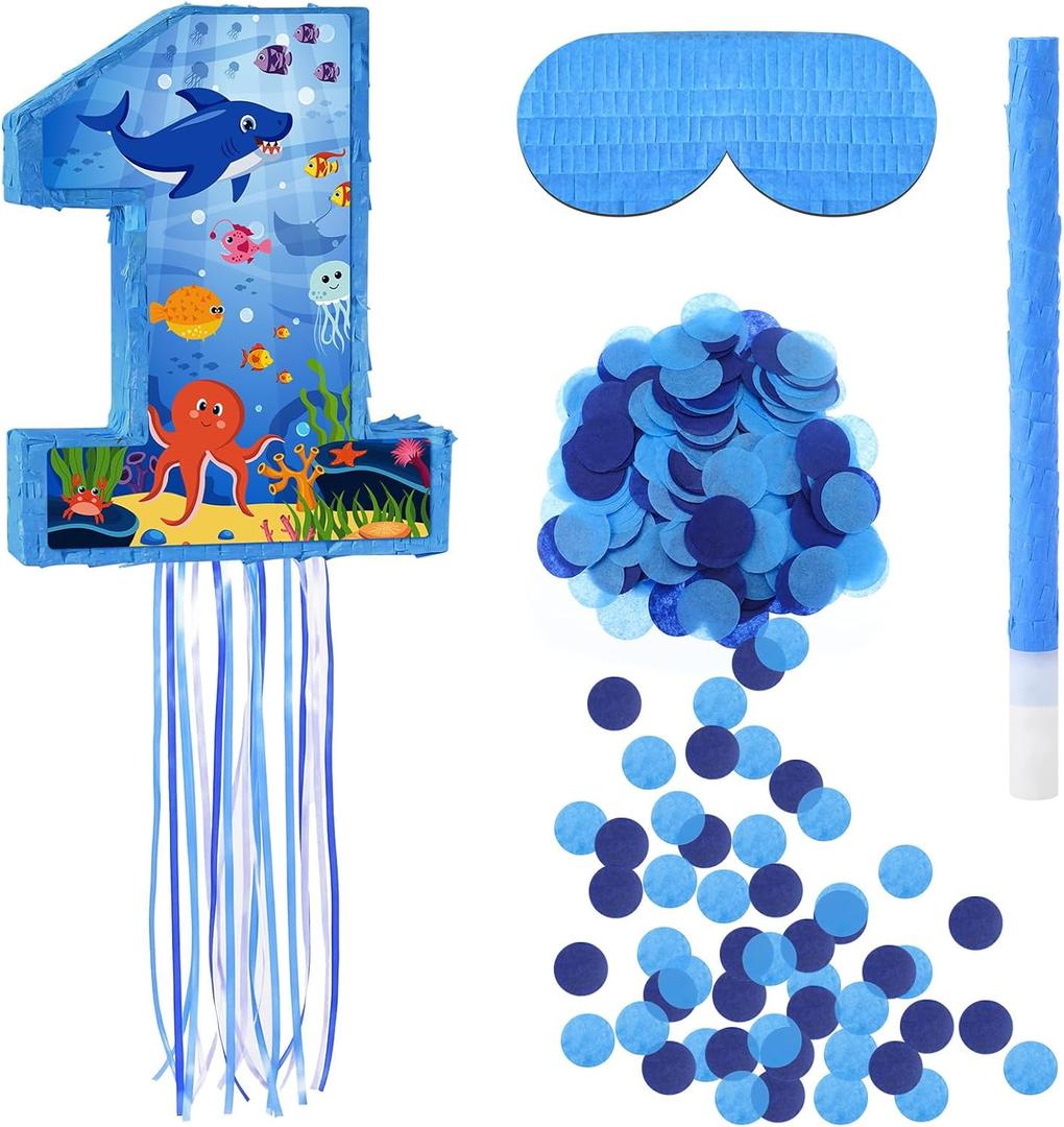 JolliLudo Ocean Themed 16 Inch Number 1 Piñata Set with Bat Blindfold Confetti, Blue Under The Sea Number 1 Piñata Birthday Party Decorations Hawaii Beach 1st Anniversary Celebration Supplies