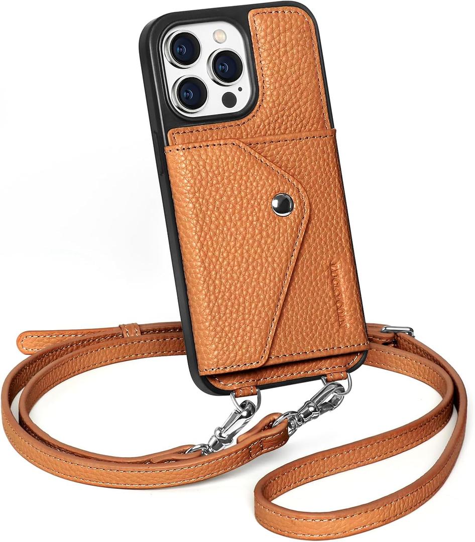 LUCKYCOIN for iPhone 14 Pro Max Case for Women,Crossbody Wallet Phone Case with Expandable Flip Card Holder,Genuine Leather Phone Purse with Strap,Compatible with iPhone 14 Pro Max 6.7" 2024 Brown