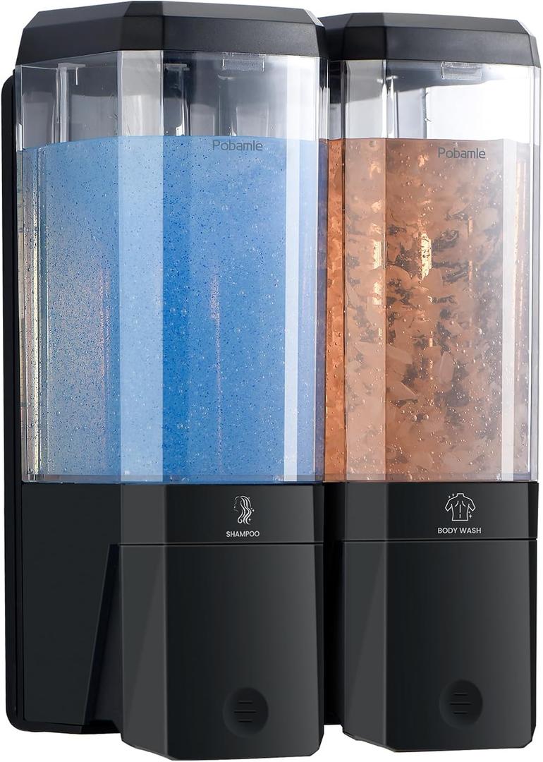 Shampoo and Conditioner Dispenser Wall Mounted, Shower Soap Dispenser No Drill Upadate Easy Slot Install, Shampoo Dispenser for Shower Bathroom Large Capacity 500ml * 2 Chamber Holder Black