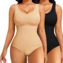 Nebility 2 Piece Shapewear Bodysuit for Women Tummy Control Slim Fit Sleeveless Round Neck Body Suit (X-Large-XX-Large, Black/Beige 2pk)