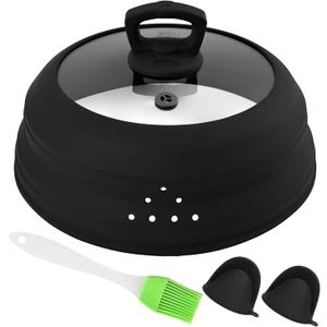 Microwave Splatter Cover Glass 10.5 Inch Microwave Cover for Food with Handle Collapsible Silicone Microwave Cover with Steam Vent for Pot Plate Bowl (Black)