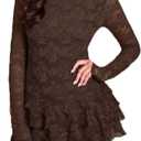 Women Boat Neck Floral Lace Ruffle Hem Layered Mini Dress Slim Fit Long Sleeve Party Cocktail A-Line Short Dress, Large