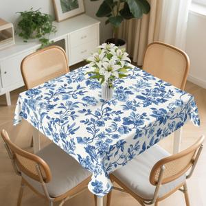 Square Tablecloth Washable Table Cover 54"x54" and 60"x60", Waterproof Square Table Cloth for Indoor and Outdoor, 60x60In, Blue and White Flower