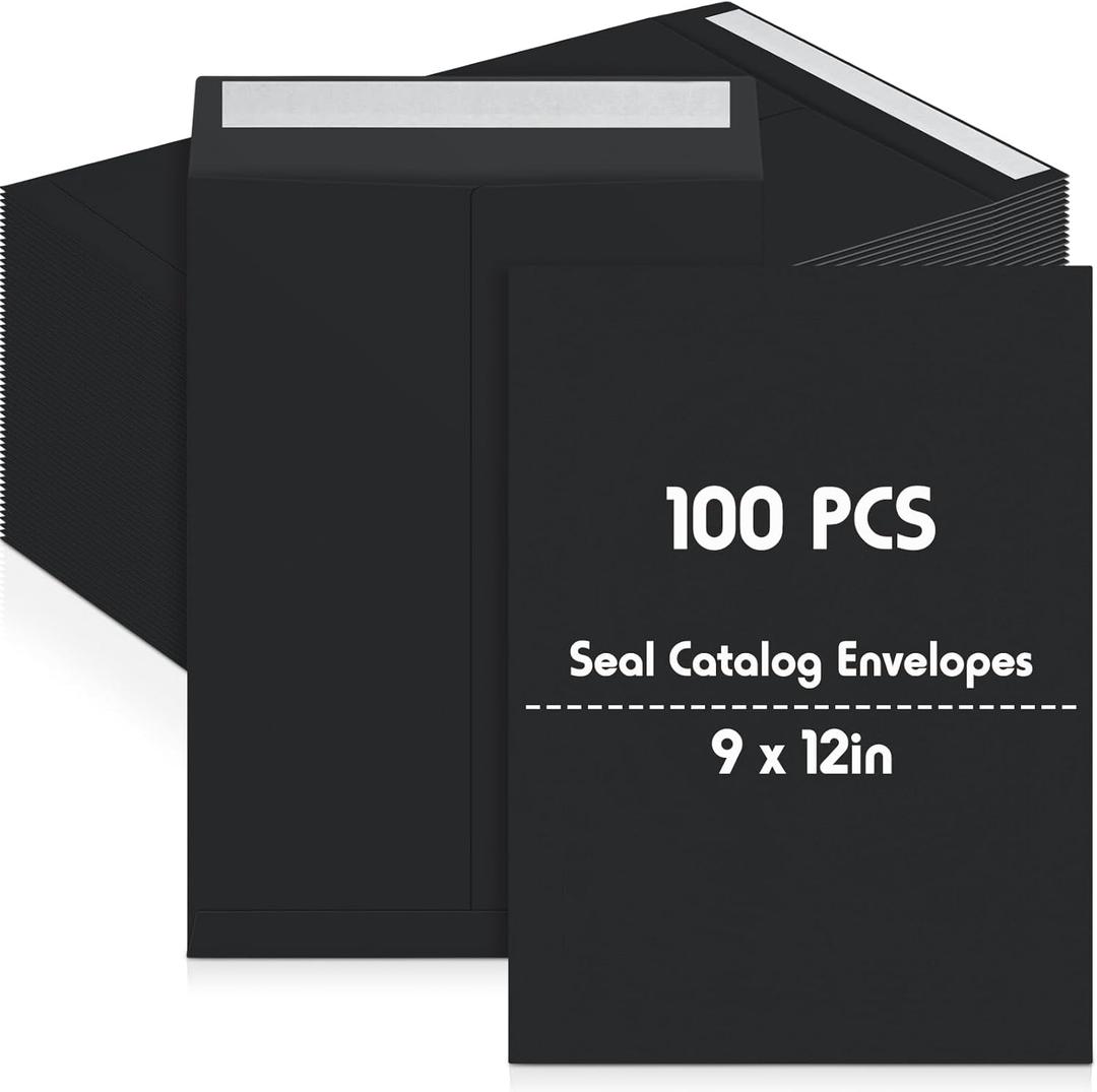100 Pcs 9'' x 12'' Catalog Envelopes Self Adhesive 32lb Manila Envelopes Kraft Peel & Seal for Secure Mailing Storage Organizing for Office Business Home(Black)