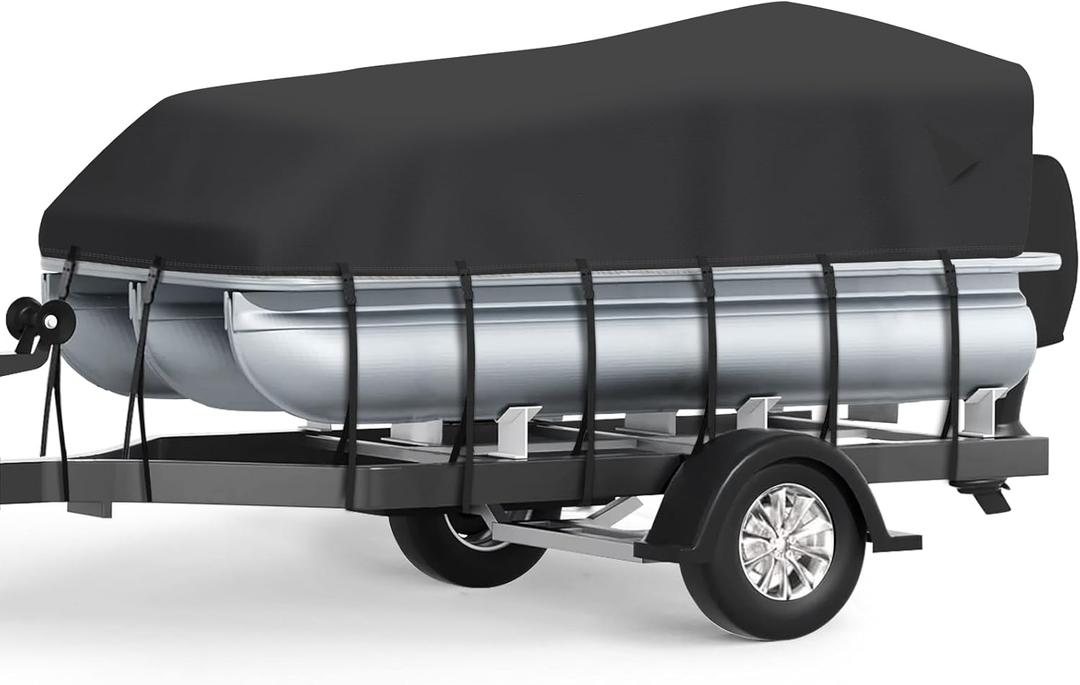 Heavy Duty Pontoon Boat Cover, Upgraded Waterproof 1200D Marine Grade Canvas Cover Fits Pontoon Boat 21ft-24ft with Motor Cover, Black