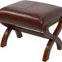 Leather Footrest Wood Ottoman, Rustic Foot Stool, Rectangle Footrest for Living Room Bedroom (Brown)