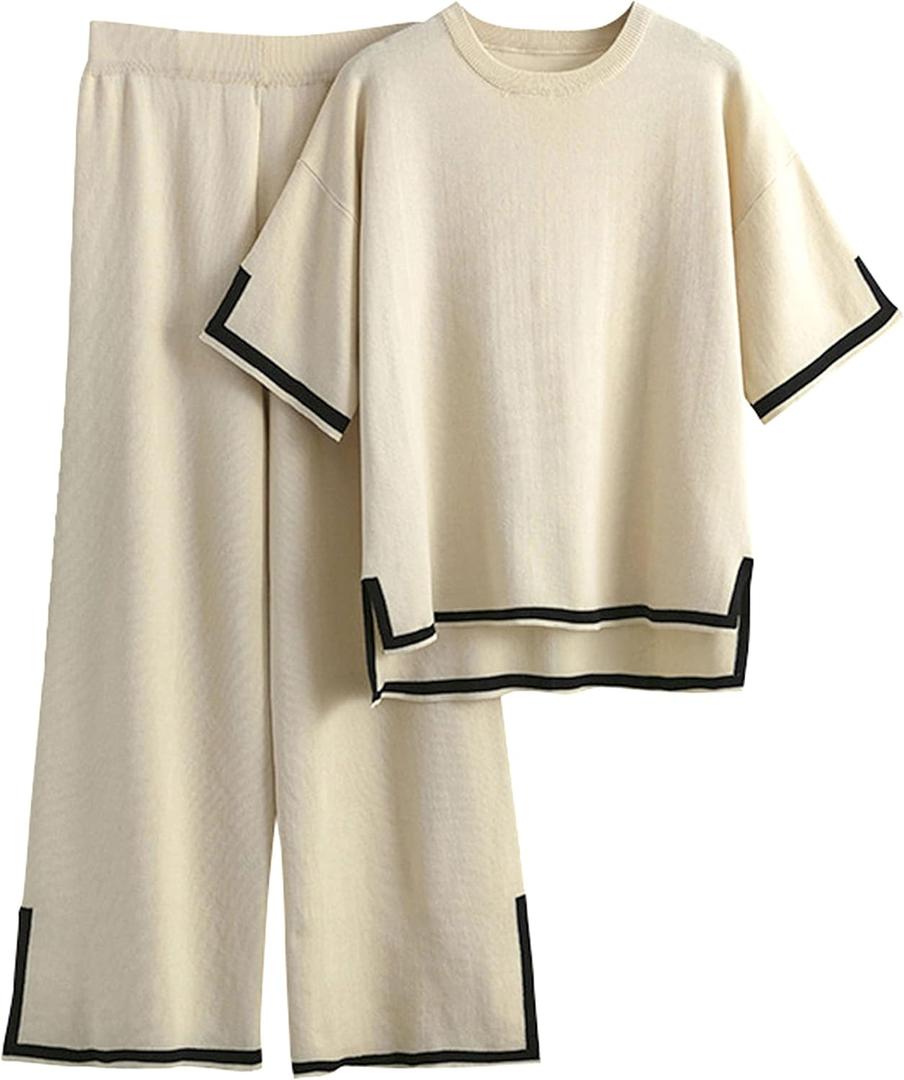 Faleave Womens Knit 2 Piece Sweater Sets Short Sleeve Pullover Tops Elastic Waist Wide Leg Pants Lounge Set (Beige, M)