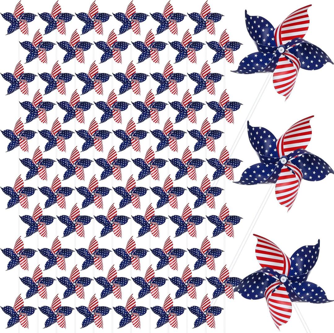 Sumind 300 Pcs 4th of July Decorations Patriotic Pinwheels Bulk Labor Day Memorial Day Pinwheels Outdoor Red White and Blue American Flag Pin Wheels for Independence Parade Yard Garden Decor