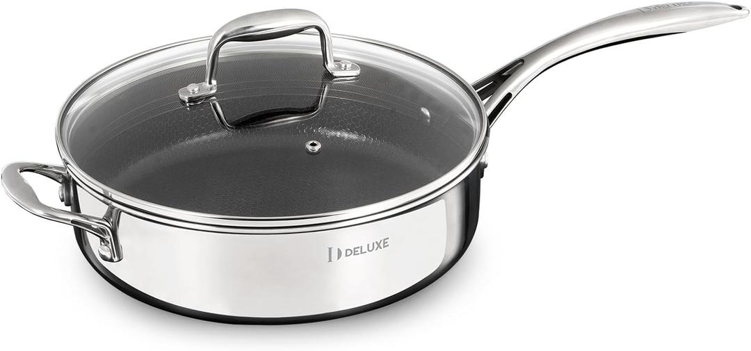 DELUXE Hybrid Ceramic Nonstick 3.7 Qt Deep Saut Pan with Lid, Stainless Steel Skillet with Stay-Cool Handles, Dishwasher and Oven-Safe, PFOA Free Deep Frying Pan, Compatible with All Cooktops