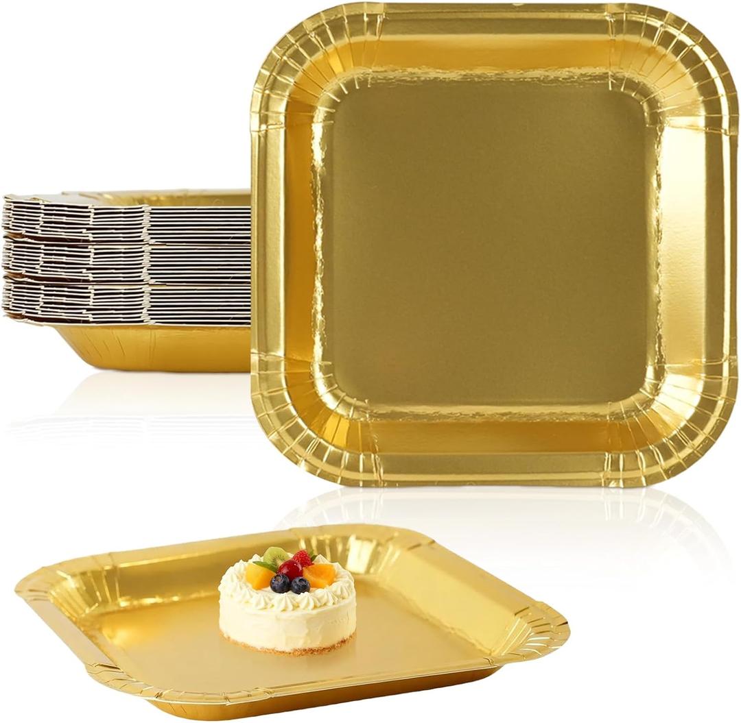 8.62 Inch Gold Paper Plates, Disposable Paper Dessert Plates, 30 Pcs Gold Square Appetizer Plates for Birthday Wedding Anniversary Party Supplies
