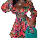 BEAUDRM Women's Sexy Summer Tropical Mini Dress Y2K Deep V Cut Out Dresses Long Bell Sleeve Vacation Tie Front Sundress Multicolor XL