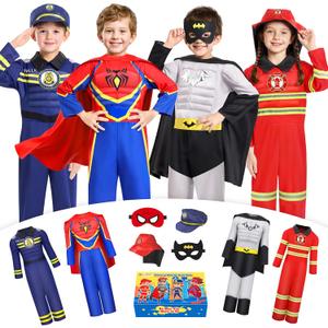 Jeowoqao Costumes for Kids Boys Dress up Clothes for Role Play, Boys Muscle Chest Dress up Costumes with Policeman, Fireman Costume for Toddler Boy 3 4 5 6 Years Christmas Birthday Gifts