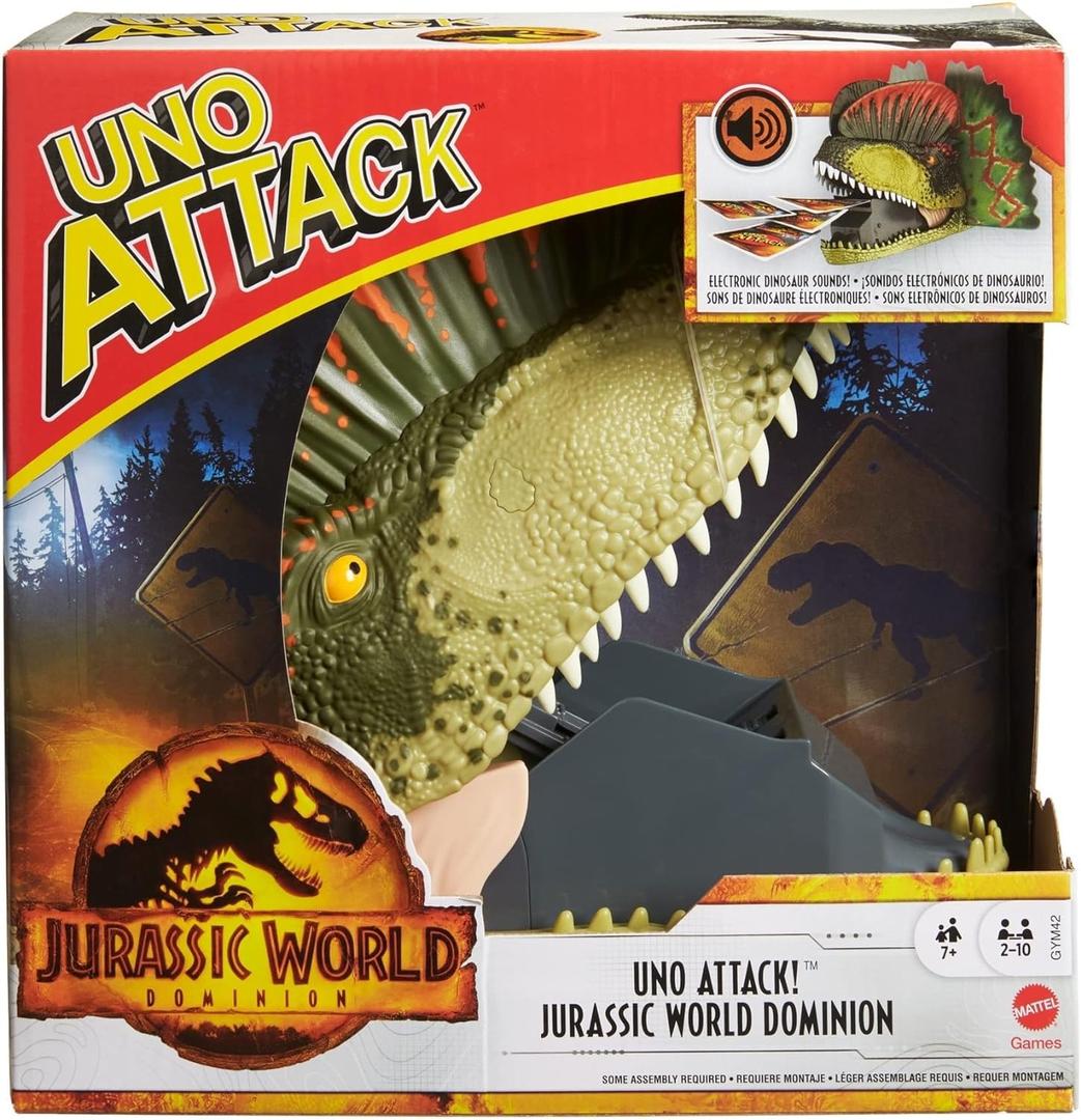 Mattel Games UNO Attack Jurassic World Domination Card Game for Kids & Family Night with Dinosaur Card Launcher, Lights & Sounds