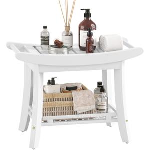Bamboo Shower Bench Chair Bathroom Shower Stool Seat for Inside Shower Bathtub with Storage Shelf Shower Foot Rest for Shaving Legs 25.2 x 13 x 19.2 Inches White