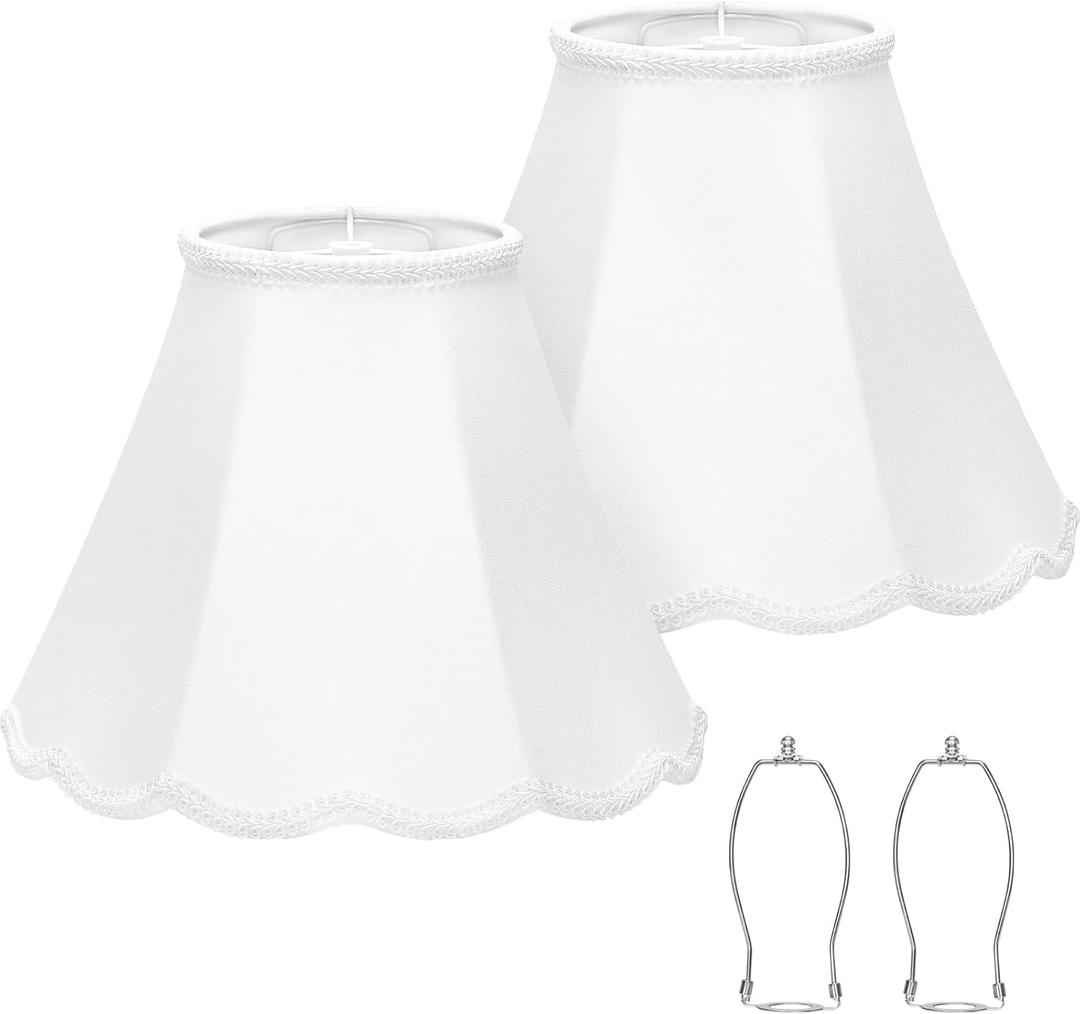 Scalloped Lamp Shades Set of 2, White Lamp Shade with Petal Edge Braid, 6.1"Top x 13"Bottom x 9.6"High, Bell Lamp Shades for Table Lamps Floor Lamps, Spider, Harp Holders Included, Easy Assembly