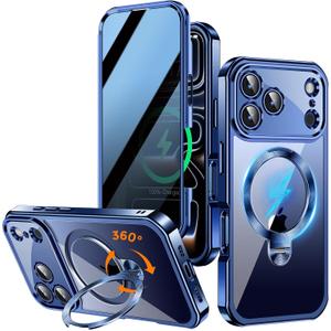 [360 Rotatable CD Stand & Built-in Privacy Screen Magnetic Case for iPhone 17 Pro Max [Compatible with MagSafe & Full Signal] Shockproof Full Body Anti-Spy Cover for 17 Pro Max-Blue