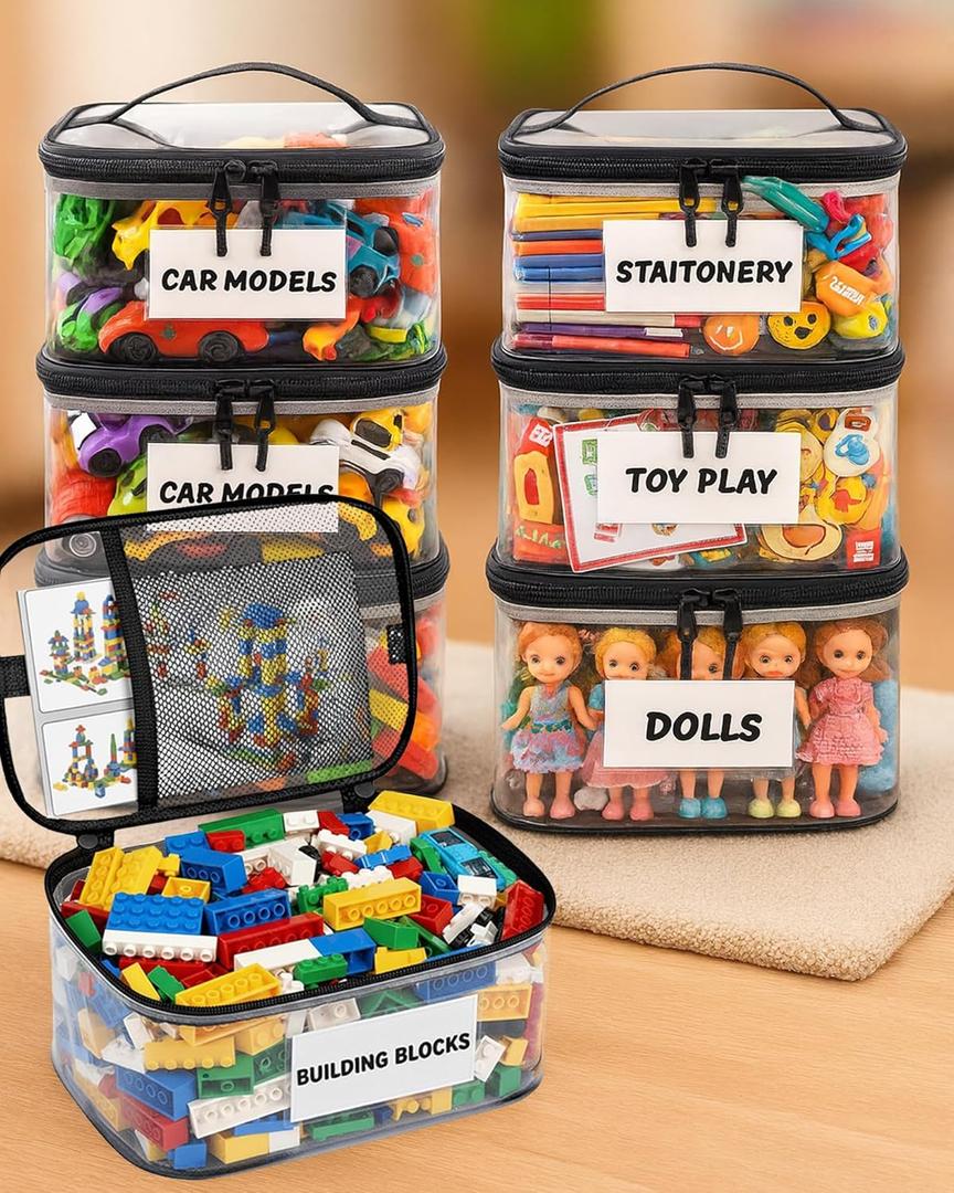 6 Pack Extra Large Clear Toy Storage Bags with Tag & Pocket  Versatile Waterproof Organizer Bags for Lego Bricks, Board Games, Building Blocks, Puzzles, Dolls, Books (Black-M Size-6 Pack)