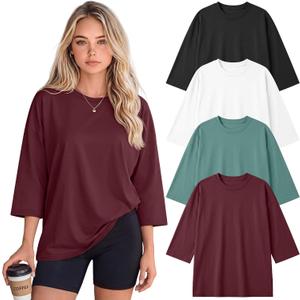 Huukeay 4 Pack Women's Oversized T Shirts Cotton Crewneck 3/4 Sleeve Tops Baggy Loose Fit Gym Workout Basic Casual Tees