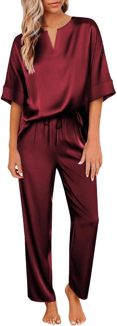 Ekouaer Satin Pajama Set Womens Silk Short Sleeve V Neck Shirt with Long Pant Soft Loungewear Pjs Set (Red, XXL)