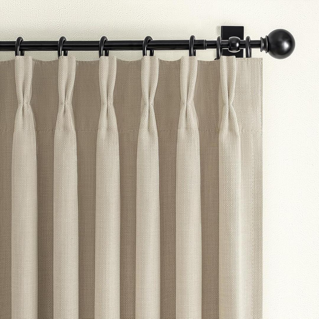 Pinch Pleated Natural Linen Blackout Short Cafe Curtains 63 Inches Long 2 Panels Set, Memory Trained Two Layer Light Blocking Thick Curtain for Kitchen Insulated Soundproof Farmhouse Windows Drapes