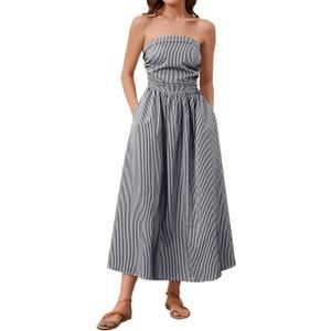 Dsewpaur Women Striped Strapless Maxi Dress Summer Casual Sleeveless Flowy Tube Long Dress with Pocket