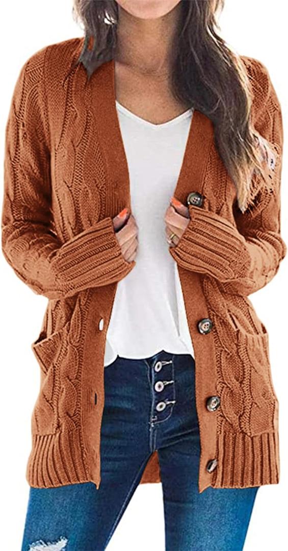 PRETTYGARDEN Women's Open Front Cardigan Sweaters Fall Fashion Button Down Cable Knit Chunky Winter Clothing Outerwear Coats (Large, Brown)