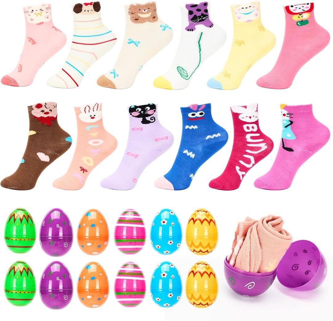 Easter Socks for Girls 3-8 Years Old, 12 Pairs Bunny Socks with 12 Plastic Eggs, Perfect Easter Basket Stuffers Gifts