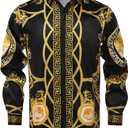 Mens Luxury Brand Print Silk Satin Design Button Down Dress Shirt (Black, M)