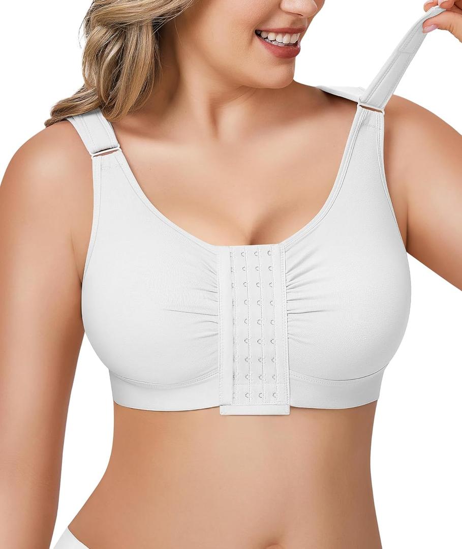 BRABIC Post Surgery Front Closure Bras for Women Full Coverage Compression Mastectomy Wireless Bra with Adjustable Straps (Large, White)