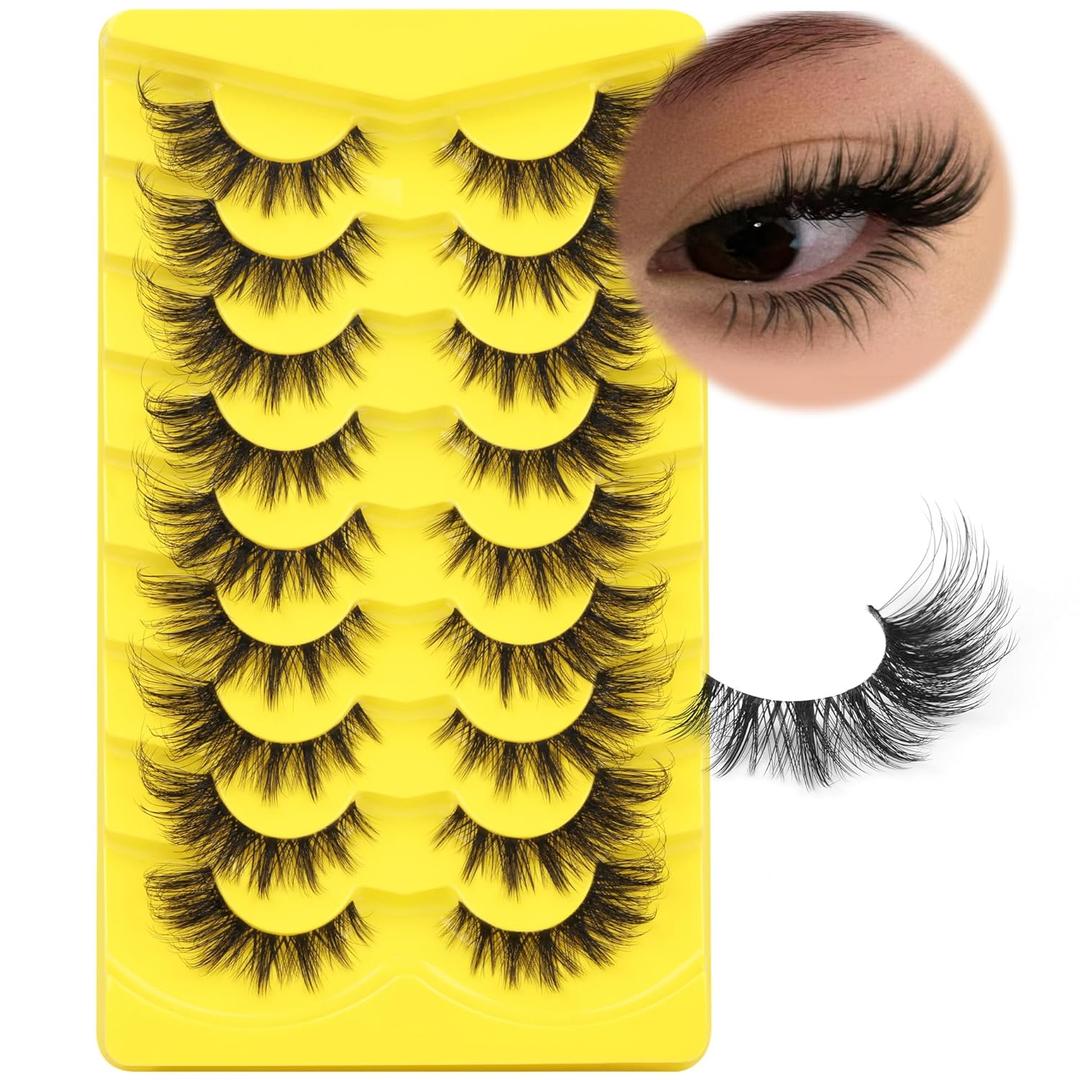 ALICROWN Lashes Cat Eye False Eyelashes Wispy Strip Fake Eyelashes Fox Eye Lashes Mink Thick Volume Eyelashes with Clear Band 9 Pairs Long False Lashes