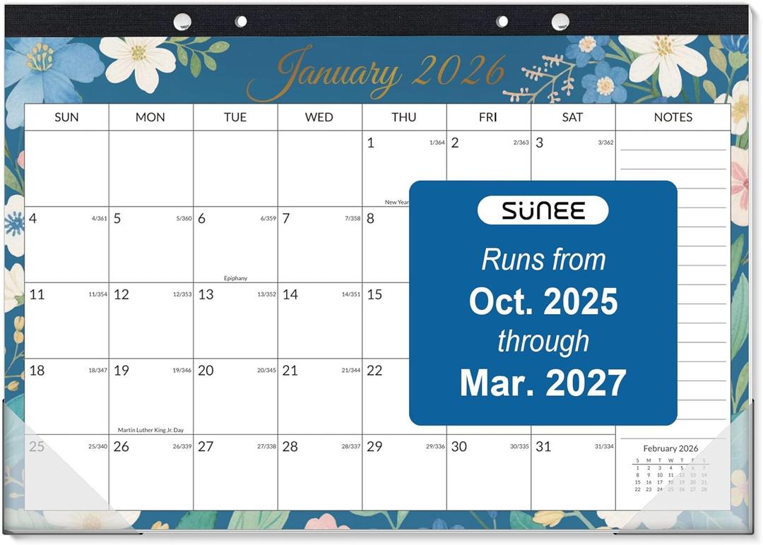 SUNEE Desk Calendar 2026-18 Month Calendar Oct 2025 - Mar 2027, 17" x 12" Calendar 2026 with Notes, for Planning, Organizing in Family, School or Office - Colorful Floral 2026 Calendar