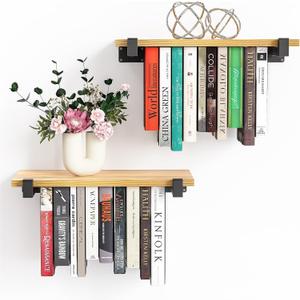 2 Set of Floating Bookshelf, Pine Wood Invisible Bookshelf, Hanging Bookshelves for Wall, Unique Space Saving Wall Bookcase (16.5L8.7W1.5H)