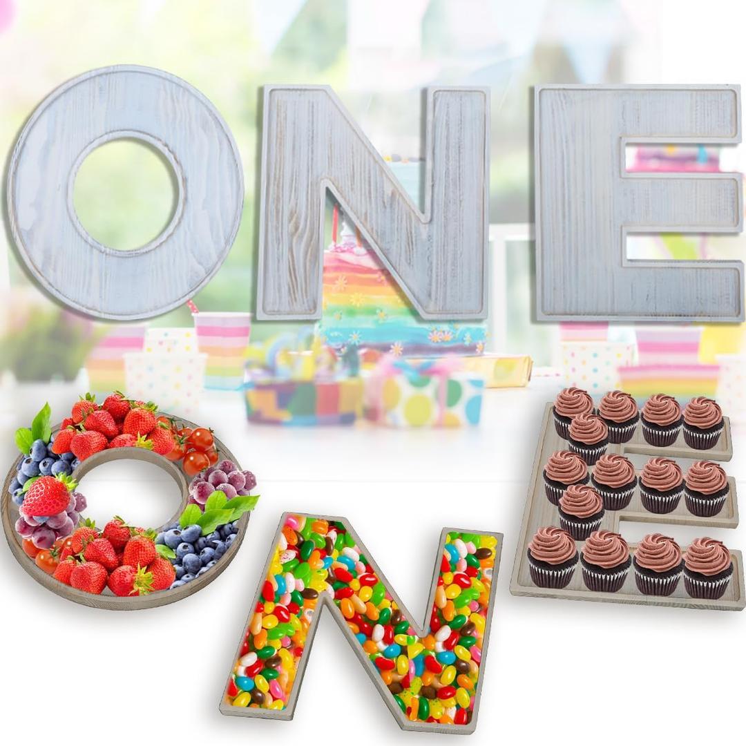 3PCS Charcuterie Letter Fillable Trays for Food,12 Large Wood Decorative Waterprooft Tray, Chocalater Candy Dessert Tray for 1st Birthday Baby Shower Party Food Dessert Table (ONE-Washed)