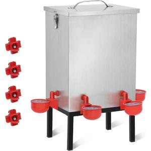 3 Gallons Chicken Waterer,Stainless Steels Automatic Chicken Waterer with Latch and Bottom BracketPoultry Watering 4 Water Cups Chicken Feeder Waterer and 4 Horizontal Automatic Chicken Nipples