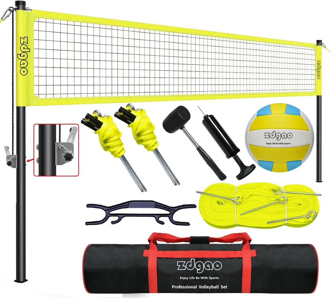 Volleyball Net Outdoor - Professional Volleyball Set with Height Adjustable Poles and Soft Volley Ball, Boundary Line, Pump and Carry Bag for Backyard, Beach, Lawn