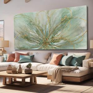 YJYart Abstract Wall Art Green and Gold Hand Painted Oil Painting Blossom Botanical Large Picture for Living Room Bedroom Kitchen Office, 58"L x 29"W, Green