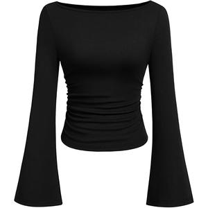 PRETTYGARDEN Women's Long Sleeve Shirts 2025 Fall Crop Going Out Tops Casual Boat Neck Bell Sleeve Ribbed Ruched Y2K Clothes, Black, M