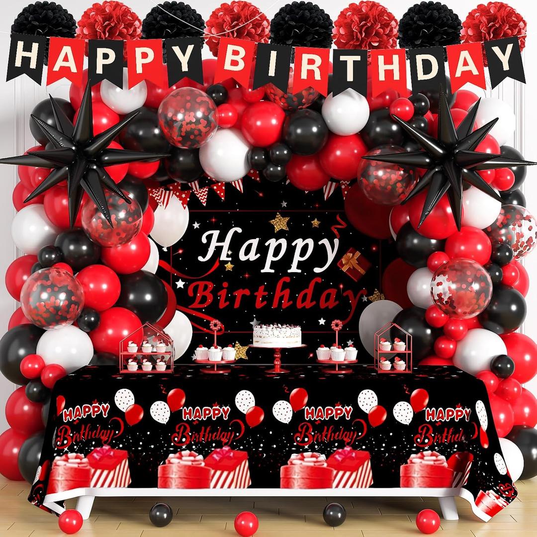 Red Birthday Decorations for Men Women Boys Girls, 95pcs Red Black and White Birthday Decor, 16th 18 40th 50th 60th Birthday Decor Party Supplies, Pompoms Backdrop Tablecloth Banner Balloons